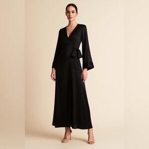 Black Satin Wrap Maxi Dress Medium Bell Sleeve Elegant Evening Chic Whimsigoth